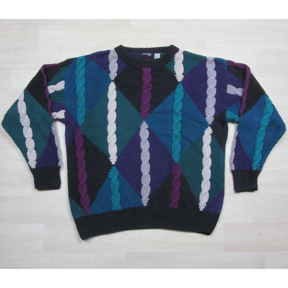 Vintage Stefano Man 3-D‎ Knit Sweater  (XL) Abstract Geometric Cable Knit 90s
